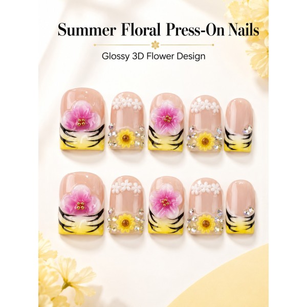 Summer Garden 3D‑Floral Press‑On Nails, Short Square Handmade False Nails with Pink Flower & Sunflower, Yellow‑Black French Tips & Rhinestones